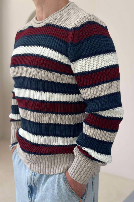 LINES ROUND NECK WOMAN SWEATER CREAM/KREM - 5