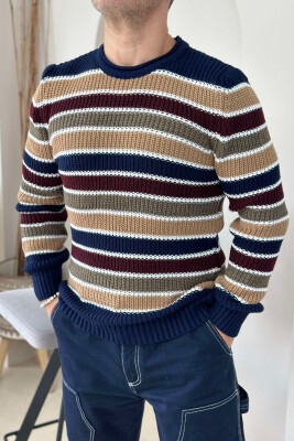 LINES ROUND NECK MEN SWEATER DARK BLUE/BEE 