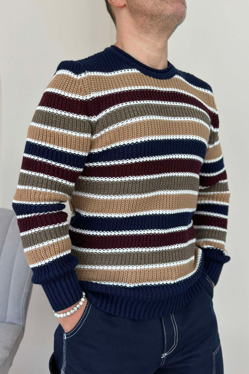 LINES ROUND NECK MEN SWEATER DARK BLUE/BEE - 3