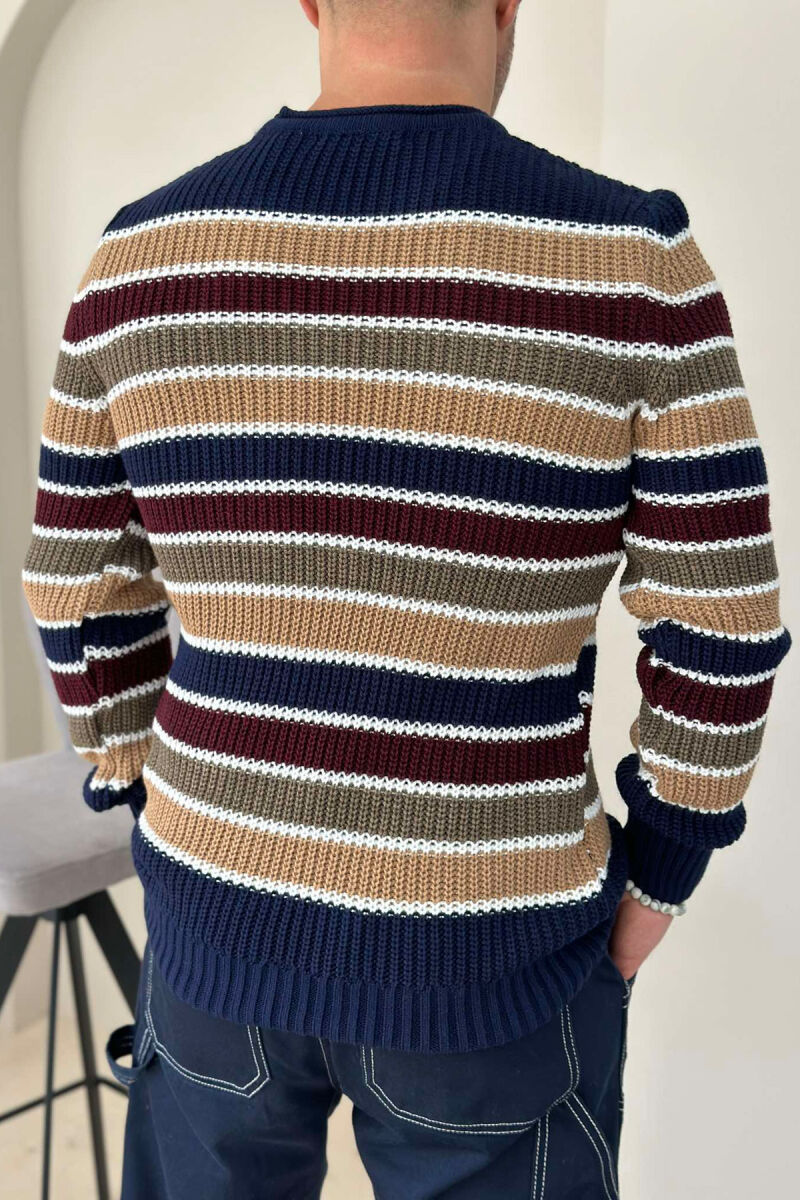 LINES ROUND NECK MEN SWEATER DARK BLUE/BEE - 4