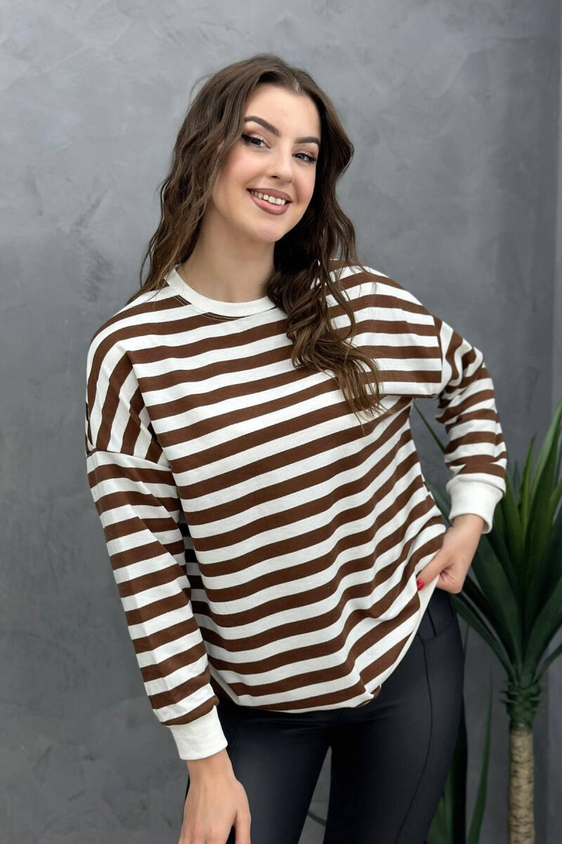 LINES ROUND NECK WOMAN SWEATSHIRT BROWN/KAFE - 1