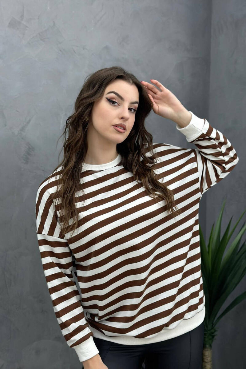 LINES ROUND NECK WOMAN SWEATSHIRT BROWN/KAFE - 2