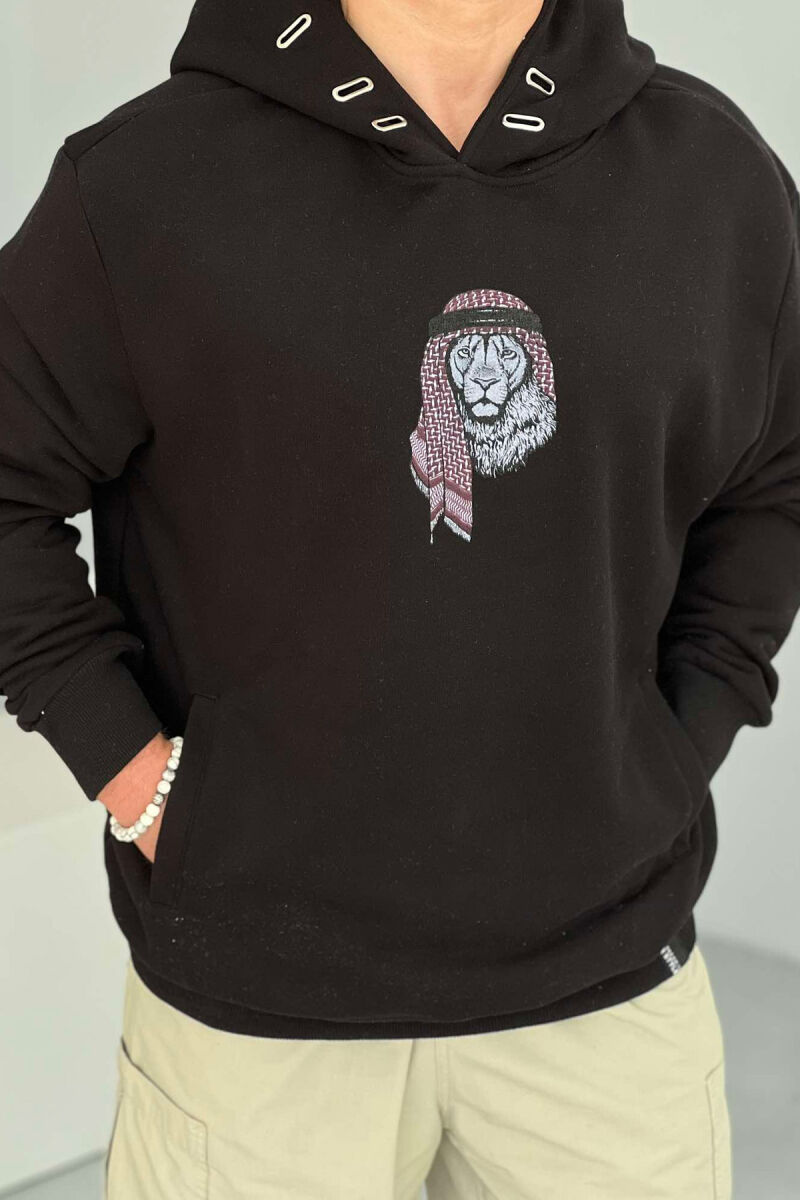 LION IMAGE COTTON MEN HOODIE BLACK/ E ZEZE - 3