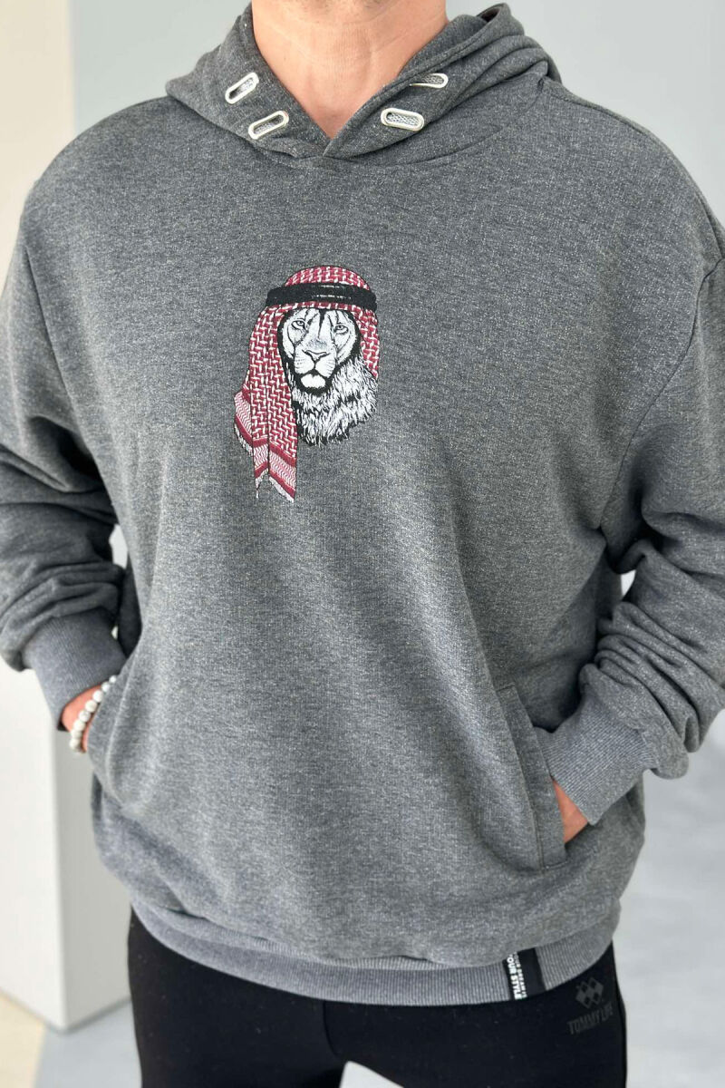 LION IMAGE COTTON MEN HOODIE DARK GREY/GEE - 1