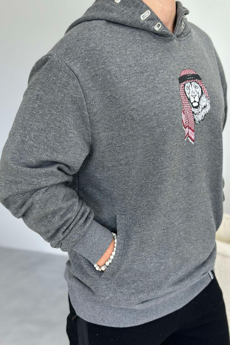 LION IMAGE COTTON MEN HOODIE DARK GREY/GEE - 3