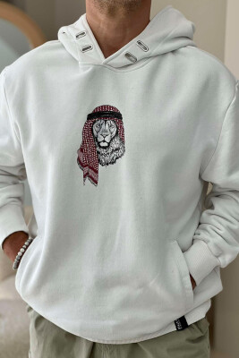 LION IMAGE COTTON MEN HOODIE WHITE-E BARDHE 