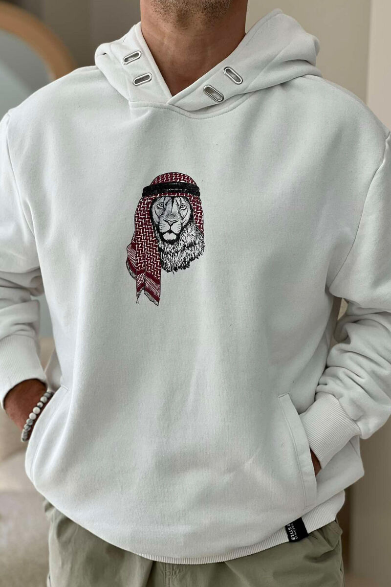 LION IMAGE COTTON MEN HOODIE WHITE-E BARDHE - 1