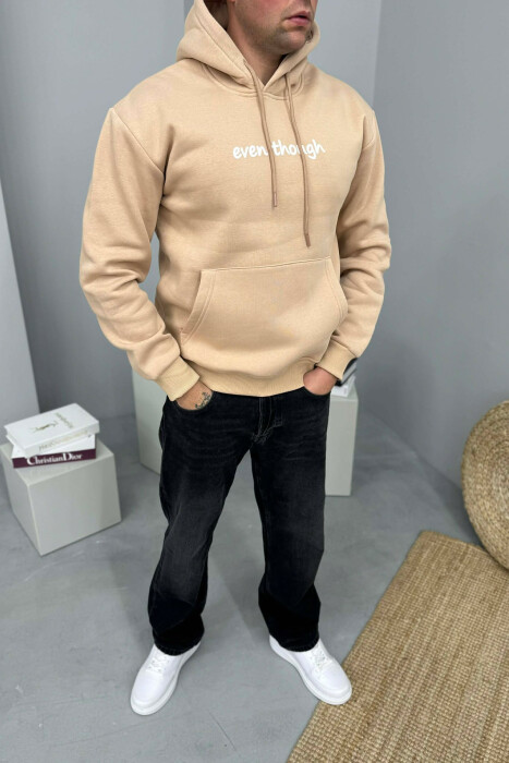 HOODIE ME PUSH SHKRIM PARA DHE ME DIZAJN MBRAPA PËR MESHKUJ NË NGJYRE BEZHE 