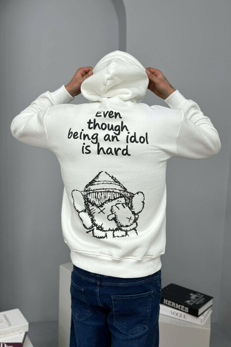 LITTLE WRITTINGS & BACK DESIGN FLUFFY MEN HOODIE WHITE-E BARDHE - 3