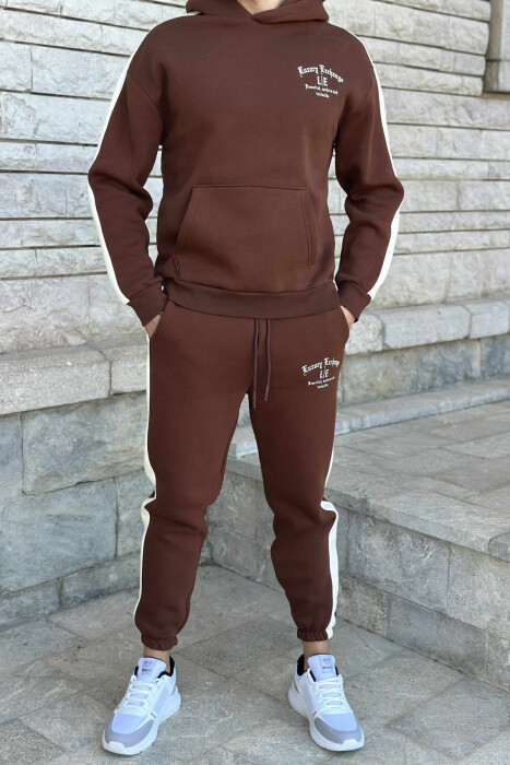 KOSTUM ME PUSH HOODIE +TUTA ME SHKRIME TË VOGLA PËR MESHKUJ NË NGJYRËN KAFE - KLAUDIO FASHION