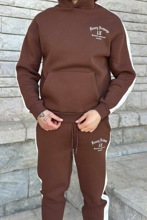 LITTLE WRITTINGS HOODIE+JOGGERS FLUFFY MEN SET BROWN/KAFE - 2