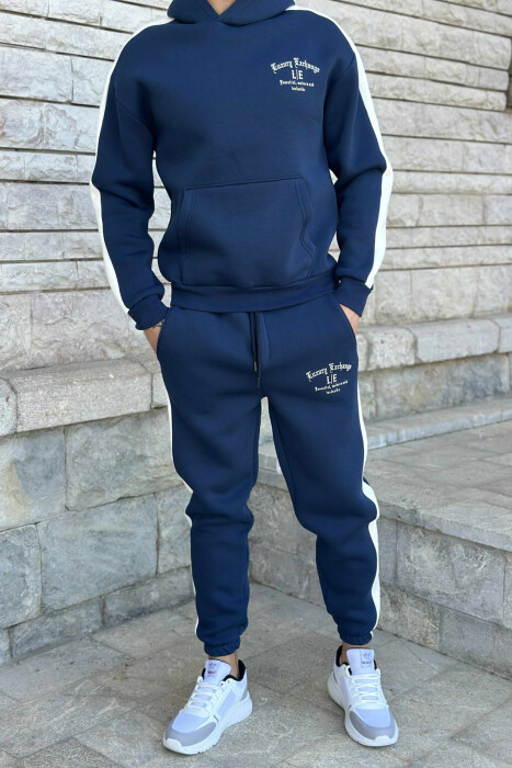 LITTLE WRITTINGS HOODIE+JOGGERS FLUFFY MEN SET DARK BLUE/BEE - KLAUDIO FASHION