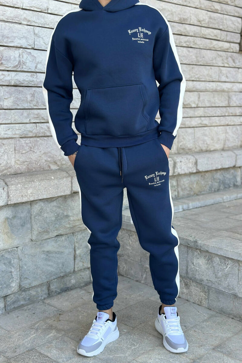 LITTLE WRITTINGS HOODIE+JOGGERS FLUFFY MEN SET DARK BLUE/BEE - 1