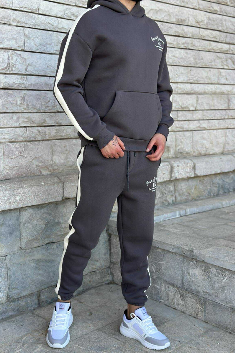 LITTLE WRITTINGS HOODIE+JOGGERS FLUFFY MEN SET DARK GREY/GEE - 2