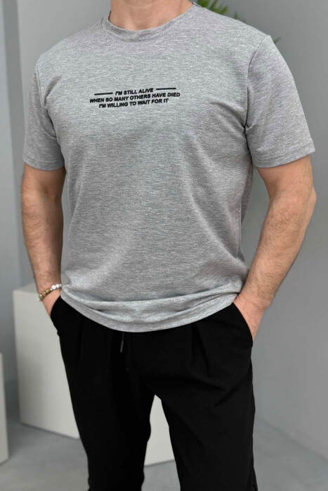 T-SHIRT ME SHKRIME PËR MESHKUJ NË NGJYRËN GRI E ZBARDHUR 