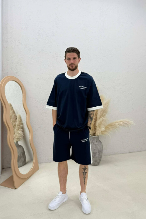 SET T-SHIRT ME SHKRIME + TUTA TE SHKURTRA PER MESHKUJ NE NGJYRE BLU - KLAUDIO FASHION