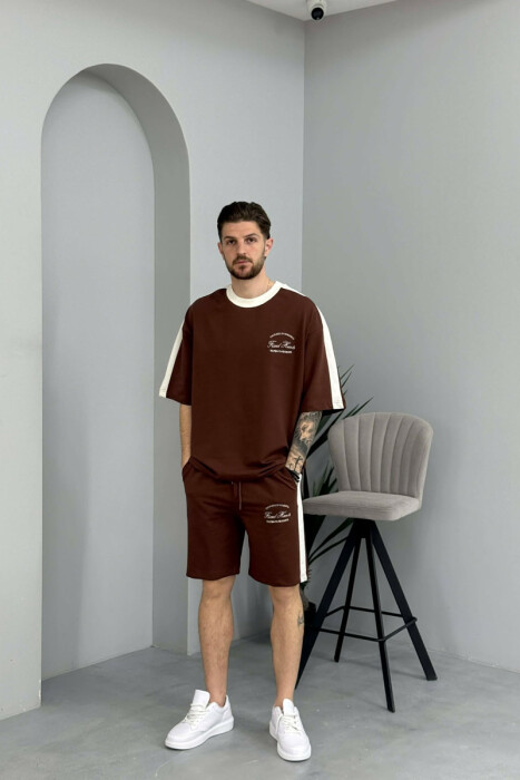 LITTLE WRITTINGS T-SHIRT + SHORTS MEN SET BROWN/KAFE - KLAUDIO FASHION