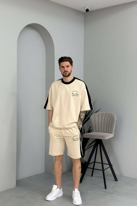 SET T-SHIRT ME SHKRIME TE VOGLA + TUTA TE SHKURTRA PER MESHKUJ NE NGJYRE KREM - KLAUDIO FASHION