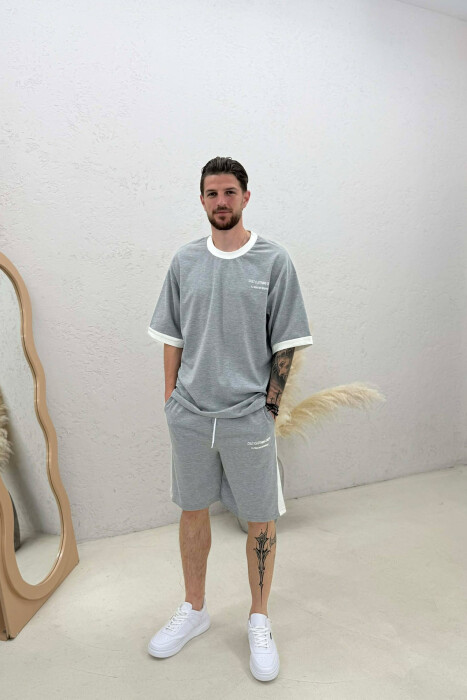 SET T-SHIRT ME SHKRIME + TUTA TE SHKURTRA PER MESHKUJ NE NGJYRE GRI - KLAUDIO FASHION