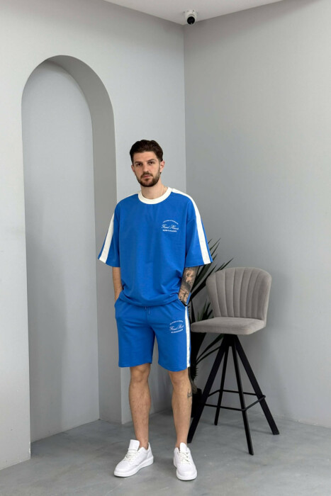 SET T-SHIRT ME SHKRIME TE VOGLA + TUTA TE SHKURTRA PER MESHKUJ NE NGJYRE BLU TE ZBARDHUR - KLAUDIO FASHION