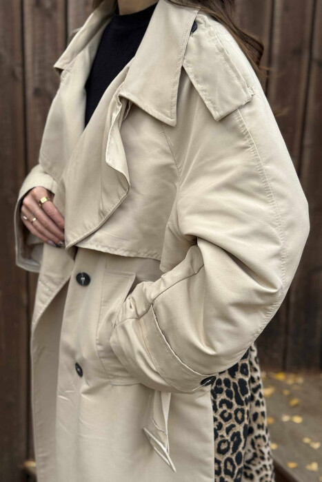LONG BACK LEO DESIGN WOMEN TRENCH COAT BEIGE/BEZHE - 3