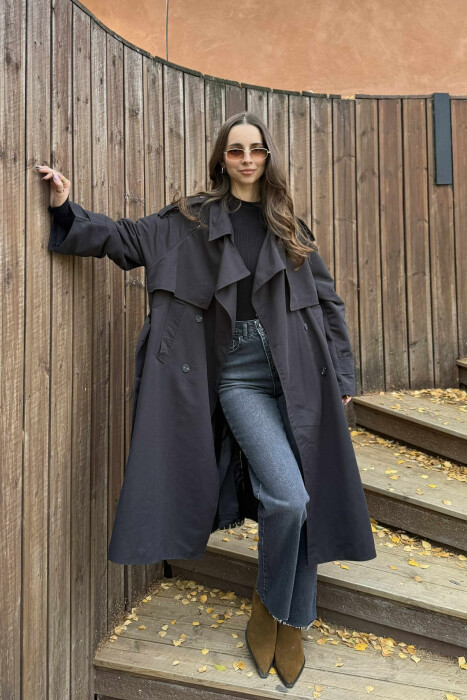 LONG BACK LEO DESIGN WOMEN TRENCH COAT BLACK/ E ZEZE - 1