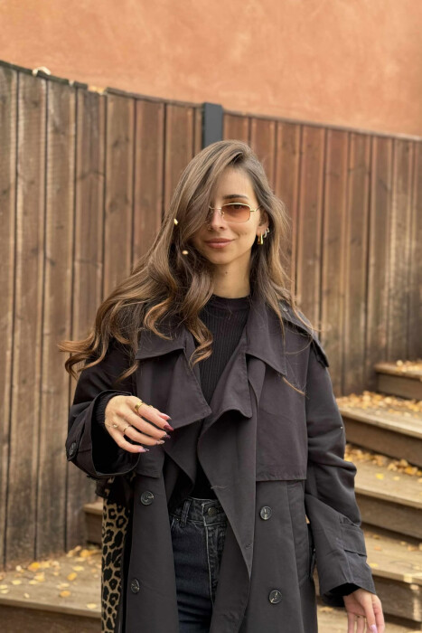 LONG BACK LEO DESIGN WOMEN TRENCH COAT BLACK/ E ZEZE - 3