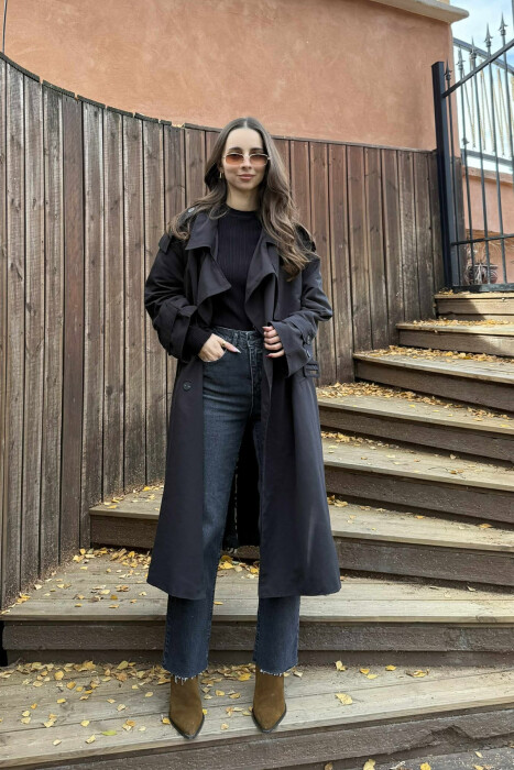 LONG BACK LEO DESIGN WOMEN TRENCH COAT BLACK/ E ZEZE - 5