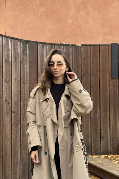 LONG BACK LEO DESIGN WOMEN TRENCH COAT DARK BEIGE/BEZHE ERRET - 2
