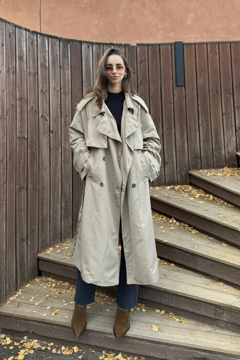 LONG BACK LEO DESIGN WOMEN TRENCH COAT DARK BEIGE/BEZHE ERRET - 4