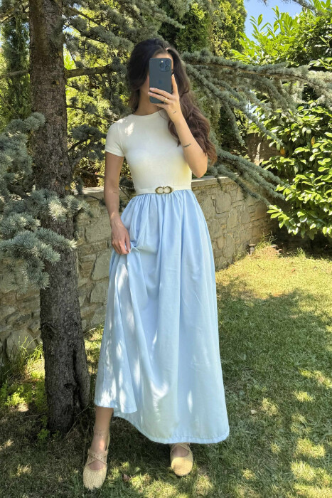 FUSTAN I GJATË ME DETAJIN E RRIPIT PËR FEMRA NË NGJYRËN BABY BLUE 
