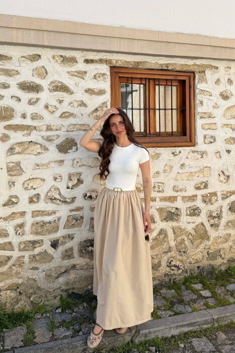 LONG BELT DETAIL WOMEN DRESS BEIGE/BEZHE - KLAUDIO FASHION