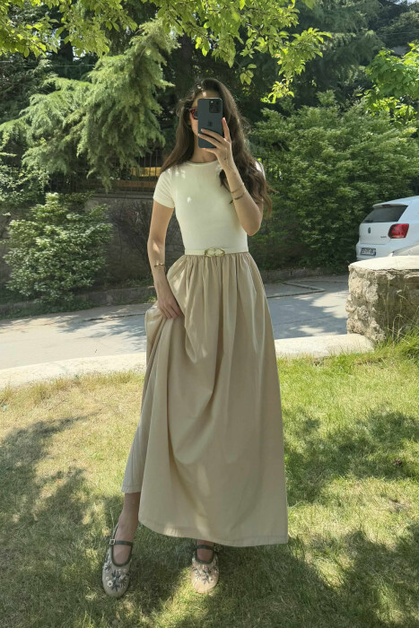 LONG BELT DETAIL WOMEN DRESS BEIGE/BEZHE 