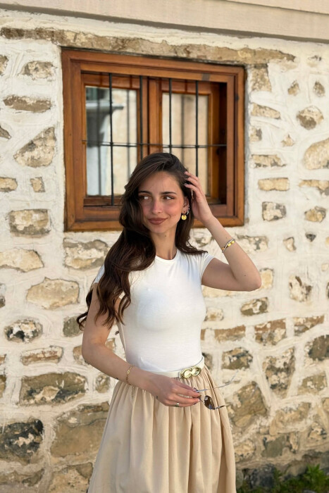 LONG BELT DETAIL WOMEN DRESS BEIGE/BEZHE - 2