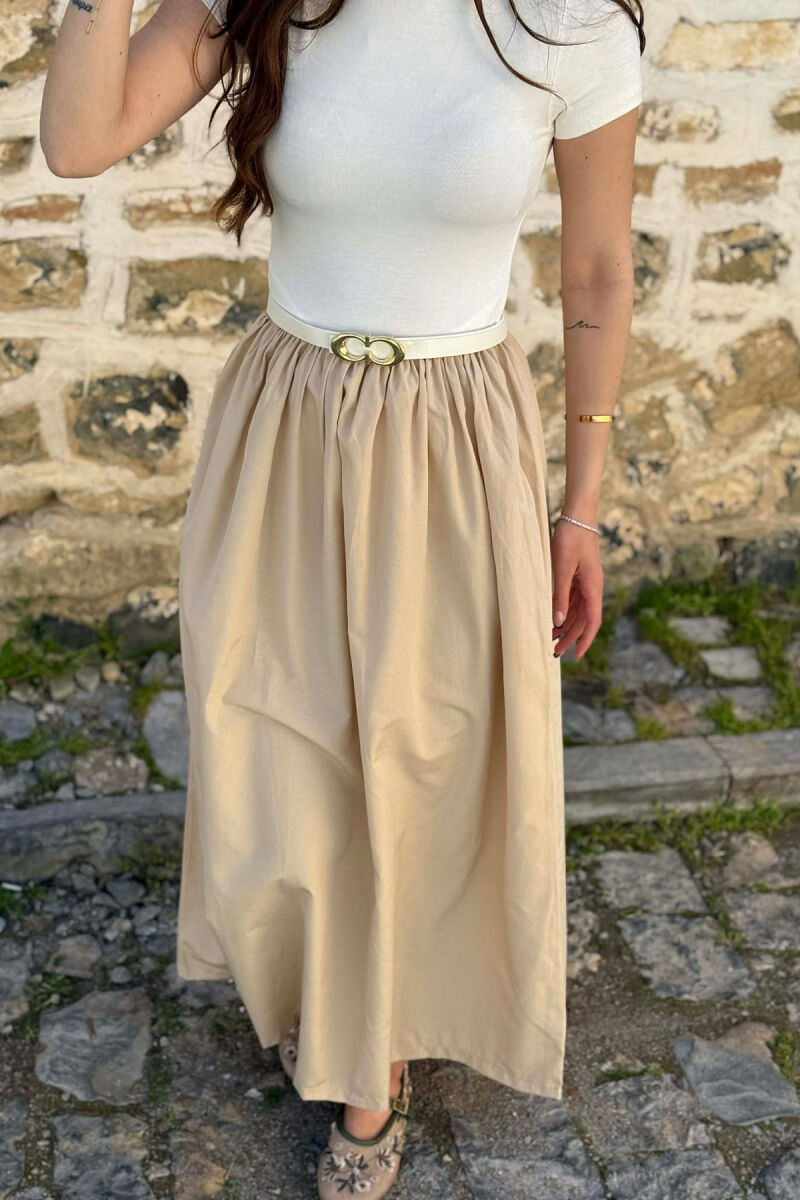 LONG BELT DETAIL WOMEN DRESS BEIGE/BEZHE - 4