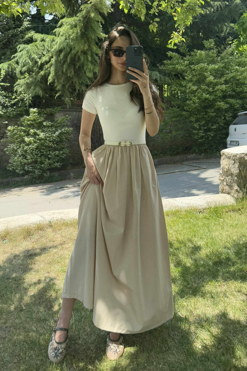 LONG BELT DETAIL WOMEN DRESS BEIGE/BEZHE - 2
