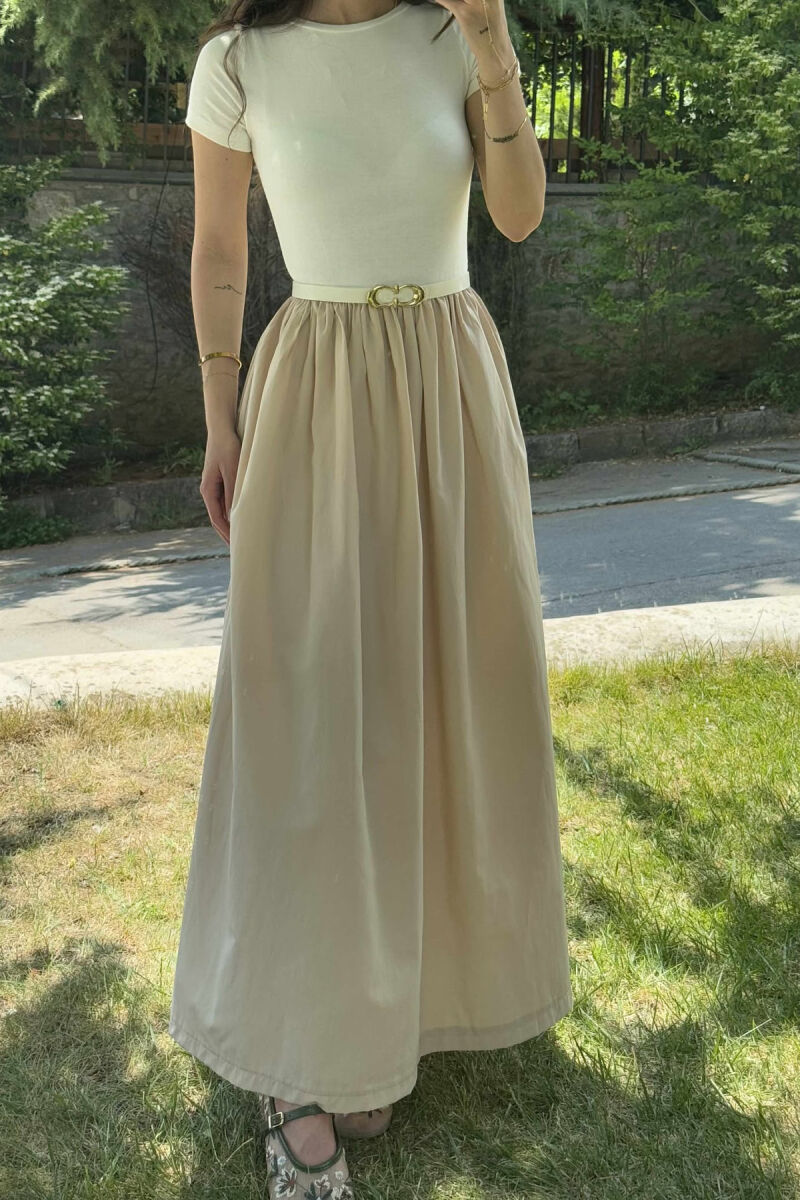 LONG BELT DETAIL WOMEN DRESS BEIGE/BEZHE - 3