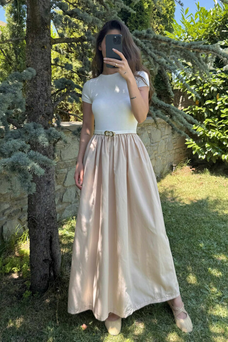 LONG BELT DETAIL WOMEN DRESS LIGHT BEIGE/BZHZB - 4