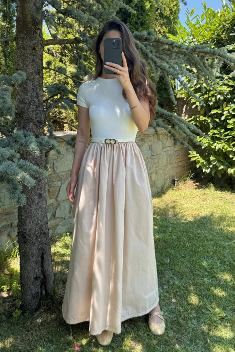 LONG BELT DETAIL WOMEN DRESS LIGHT BEIGE/BZHZB - 5