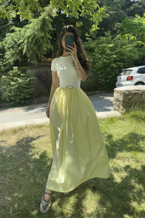 FUSTAN I GJATË ME DETAJIN E RRIPIT PËR FEMRA NË NGJYRËN E VERDHË 