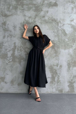 LONG BUTTON ONE COLOR WOMEN DRESS BLACK/ E ZEZE 