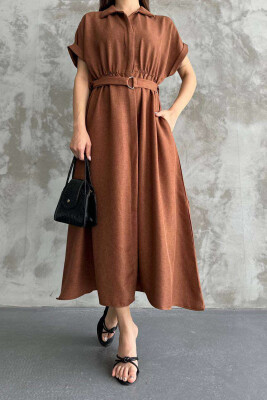 LONG BUTTON ONE COLOR WOMEN DRESS BROWN/KAFE 