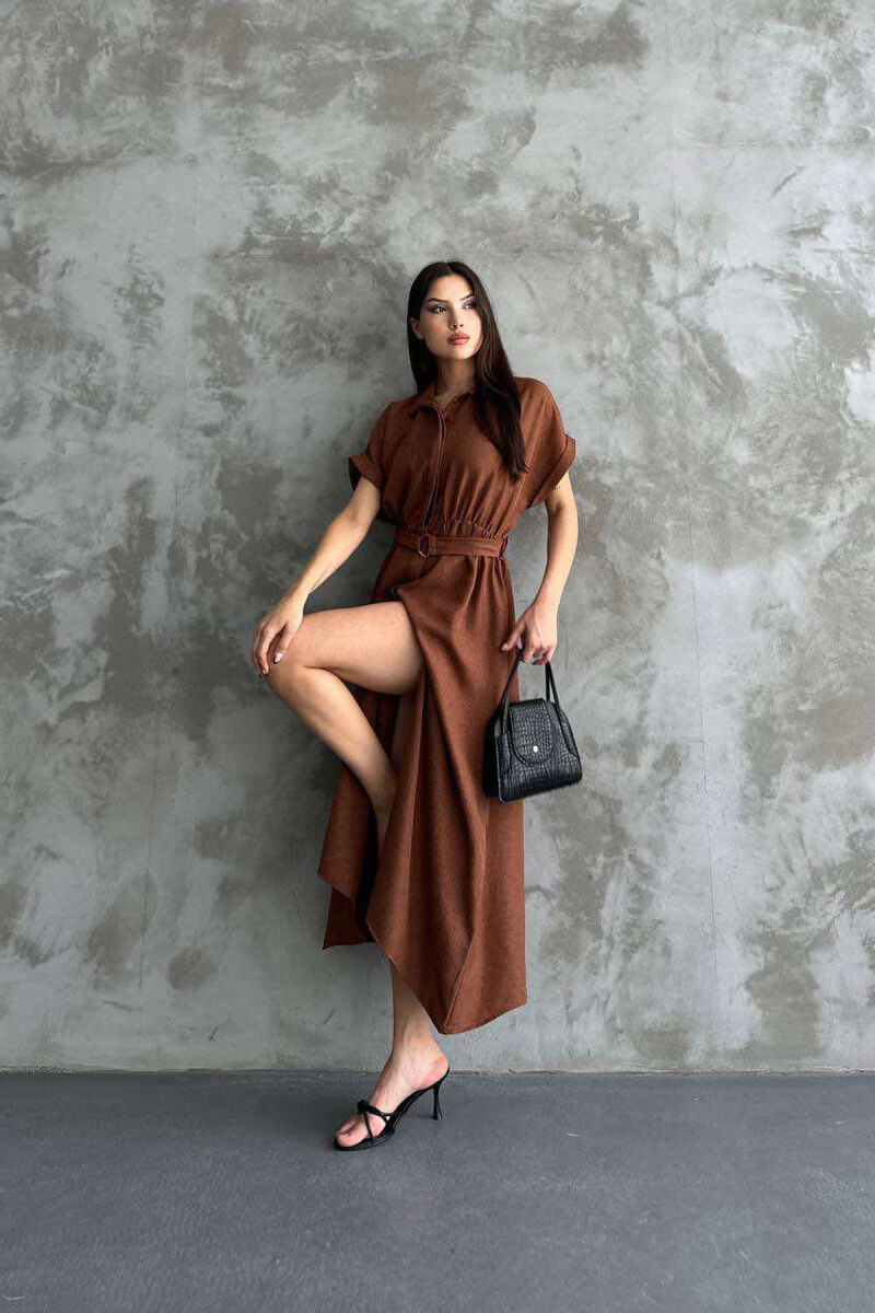 LONG BUTTON ONE COLOR WOMEN DRESS BROWN/KAFE - 2