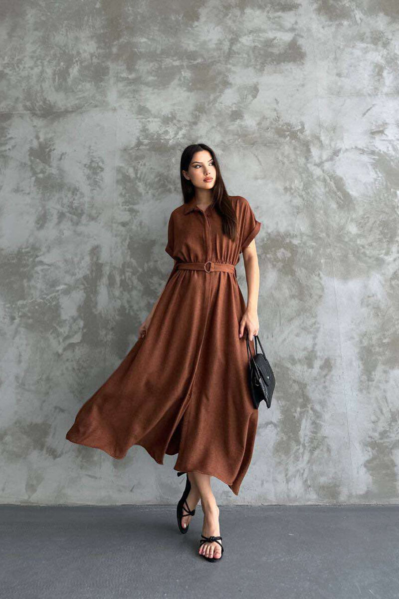 LONG BUTTON ONE COLOR WOMEN DRESS BROWN/KAFE - 3