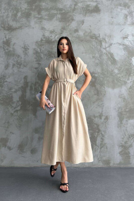 LONG BUTTON ONE COLOR WOMEN DRESS CREAM/KREM 