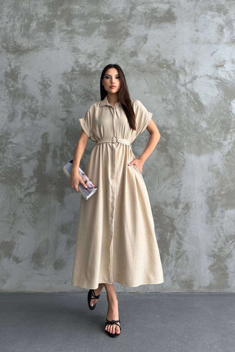 LONG BUTTON ONE COLOR WOMEN DRESS CREAM/KREM - 1