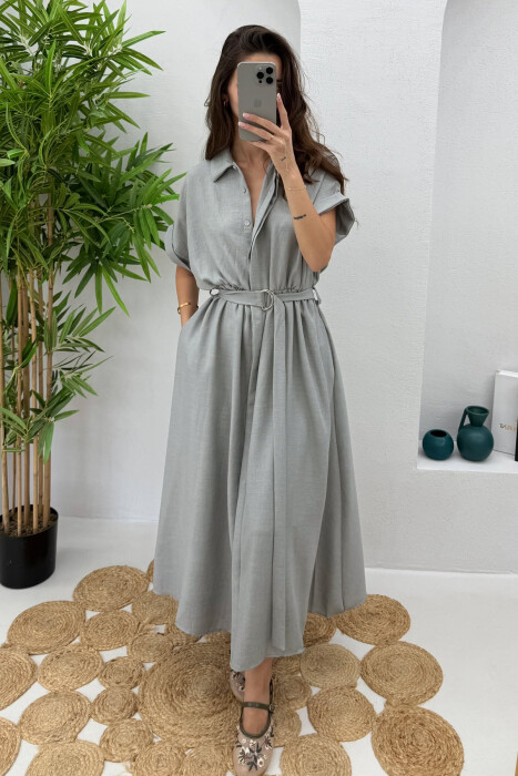 LONG BUTTON ONE COLOR WOMEN DRESS LIGHT GREY/GZ - 3
