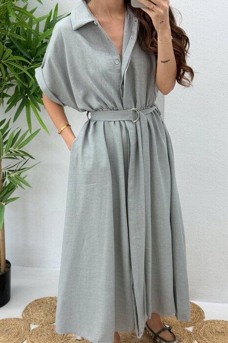 LONG BUTTON ONE COLOR WOMEN DRESS LIGHT GREY/GZ - 4