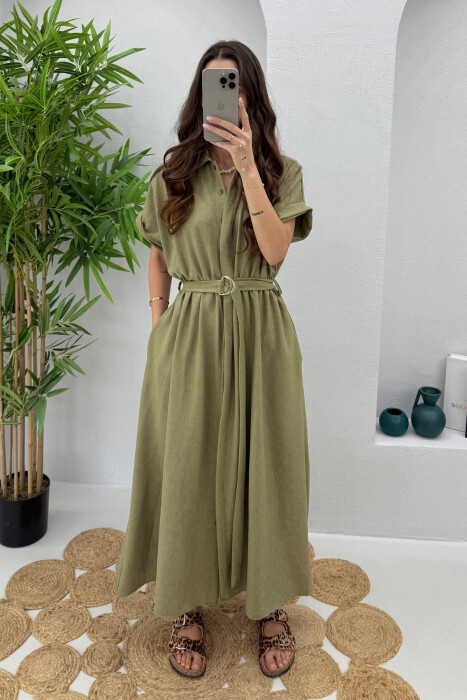 LONG BUTTON ONE COLOR WOMEN DRESS OLIVE/ULLI 