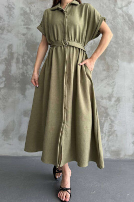 LONG BUTTON ONE COLOR WOMEN DRESS OLIVE/ULLI 